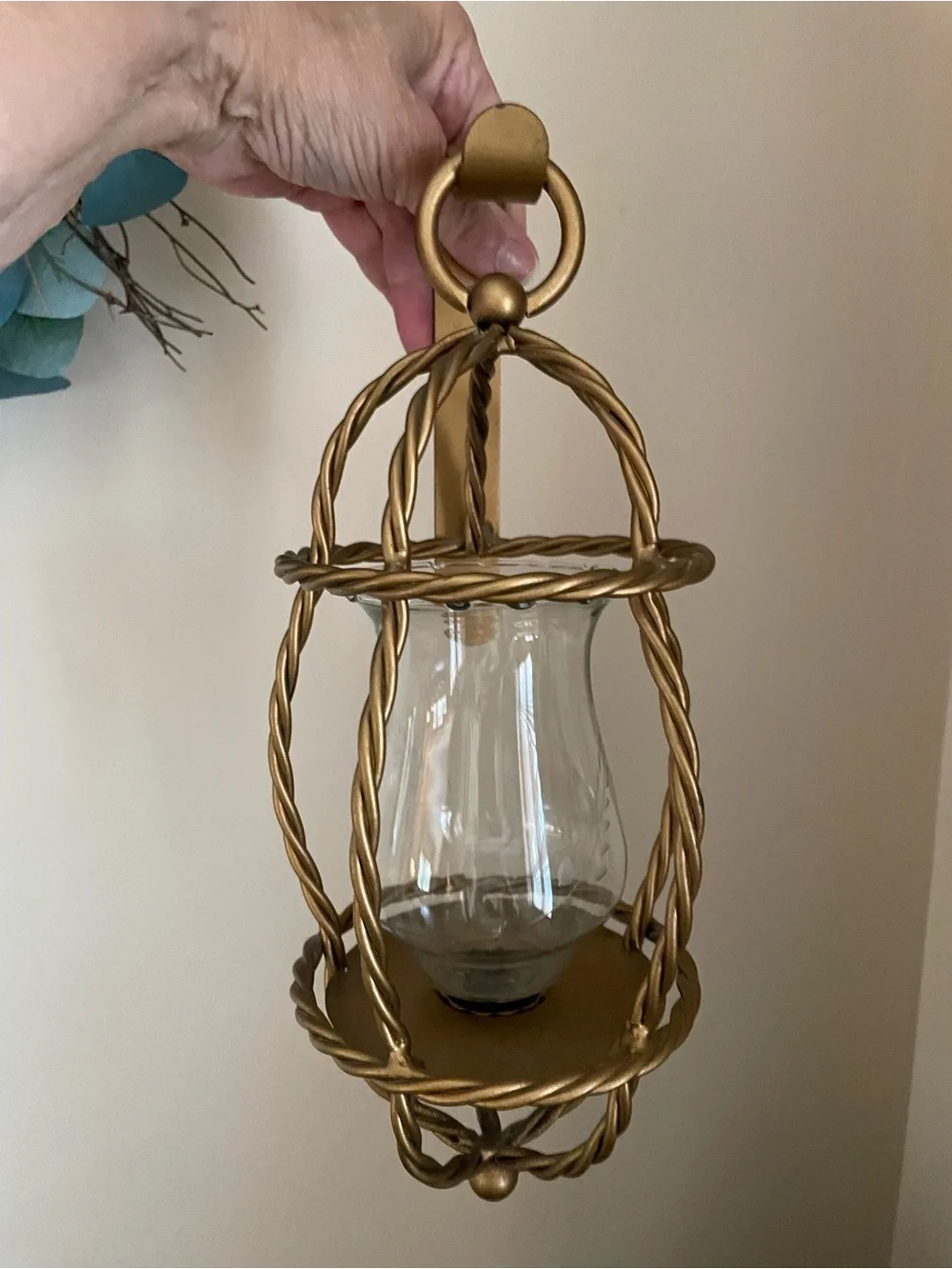 Gold Metal Glass Hanging Light Lantern Hollywood Regency Mid Century Glam